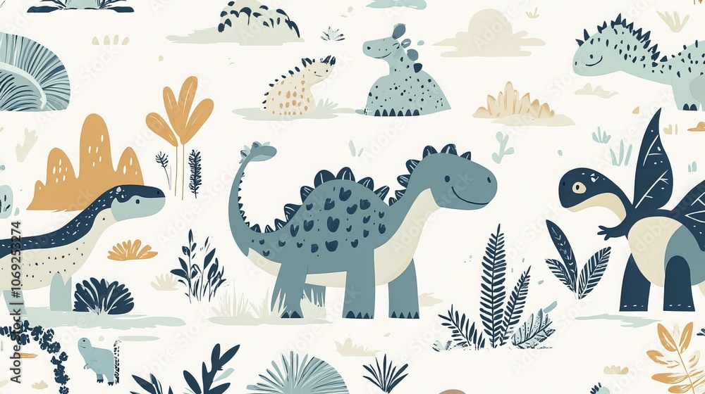 Obraz premium Vibrant wallpaper for young dinosaur enthusiasts, featuring a playful vector-style illustration of a dinosaur-inhabited world, capturing the imagination