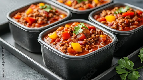 Vibrant display of canned chili in a meal tray, presented as a quick and nutritious meal option, appealing background