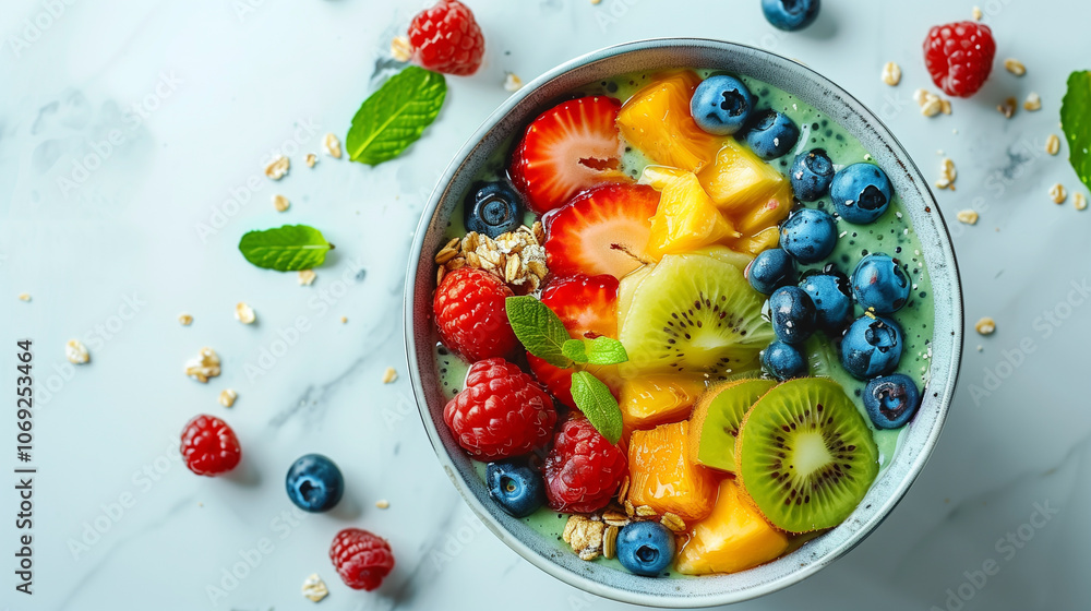 A refreshing summer fruit salad with mango, kiwi, raspberries and blueberries A refreshing summer fruit salad with mango, kiwi, raspberries and blueberries