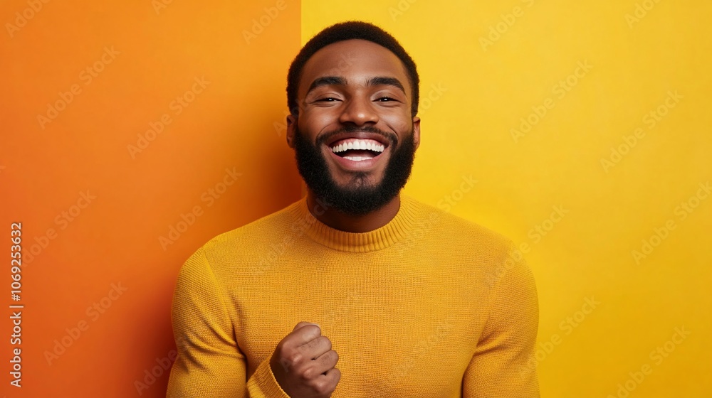 A young black man in a yellow sweater smiling and looking at the camera with his fist in the air. A young black man in a yellow sweater smiling and looking at the camera with his fist in the air.