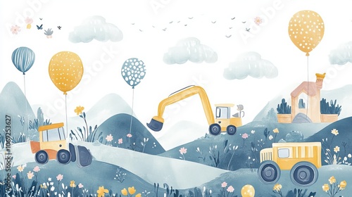 Whimsical construction vehicle illustrations adorn a bohemian landscape, featuring colorful balloons and fluffy clouds. Scandinavian-inspired