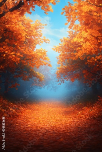 Vibrant autumn landscape with a winding path through a forest of orange and yellow leaves