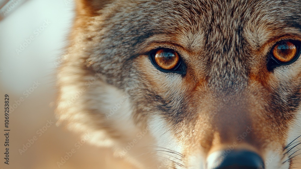 A gentle wolf gazes curiously at the viewer in its natural habitat, capturing the essence of wildlife photography from ground level A gentle wolf gazes curiously at the viewer in its natural habitat, capturing the essence of wildlife photography from ground level