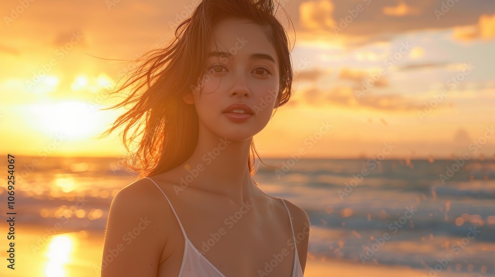 A beautiful Asian woman in a one-piece swimsuit, her hair cascading down her shoulders as she stands on the beach with the sun setting over the ocean behind her A beautiful Asian woman in a one-piece swimsuit, her hair cascading down her shoulders as she stands on the beach with the sun setting over the ocean behind her