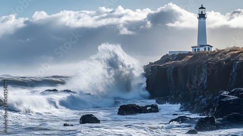 Tranquil coastal scene featuring rugged rocky cliffs, powerful waves crashing against the shore, and a lighthouse standing tall and solitary against the expansive sky photo