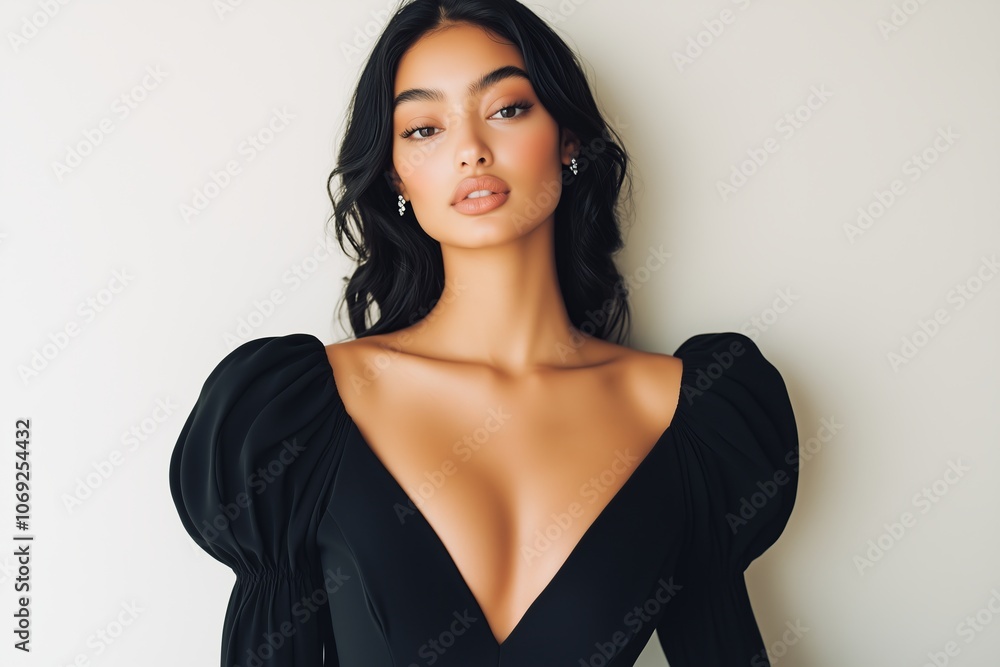 woman in a chic black midi dress with subtle embroidered details on the bodice, featuring a structured silhouette with voluminous sleeves and a cinched waist woman in a chic black midi dress with subtle embroidered details on the bodice, featuring a structured silhouette with voluminous sleeves and a cinched waist