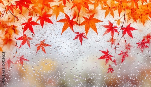 雨の中で見える紅葉した葉が濡れた窓越しに美しく映る秋の情景 photo