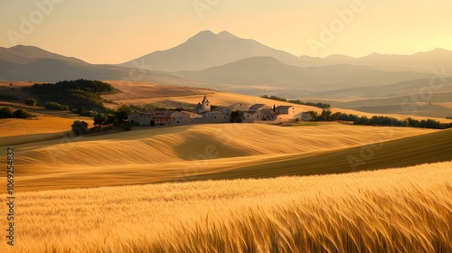 Tranquil countryside featuring rolling hills, a picturesque village, and expansive fields of golden wheat gently swaying in the breeze. The scene evokes a sense of peace and rural charm. photo