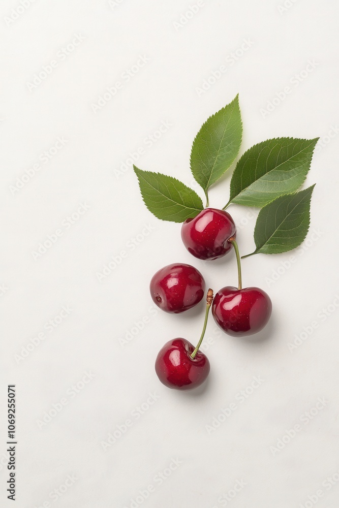 Ripe red cherries with green leaves on a plain background Ripe red cherries with green leaves on a plain background