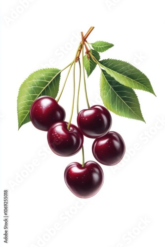 Ripe, juicy cherries with green leaves on a white background