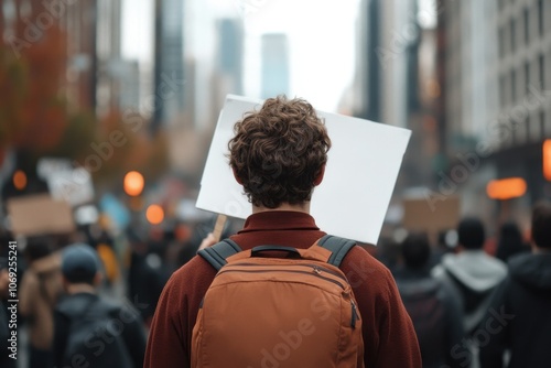 person holding blank sign in city