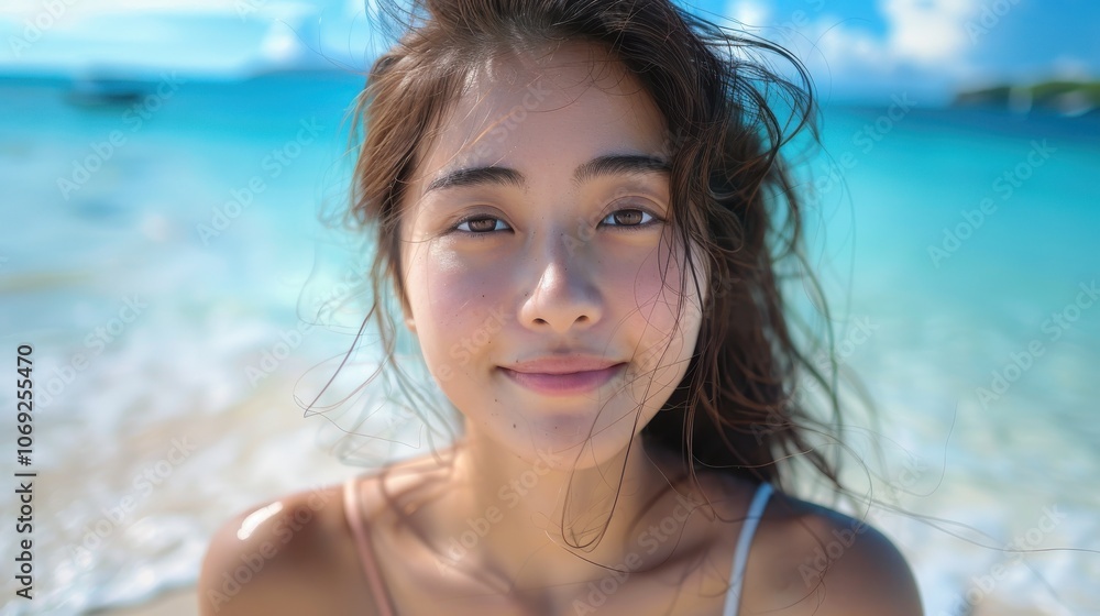 A captivating Asian woman in a sleek swimsuit, posing confidently on the sandy beach with the clear blue ocean and sky creating a picturesque backdrop A captivating Asian woman in a sleek swimsuit, posing confidently on the sandy beach with the clear blue ocean and sky creating a picturesque backdrop