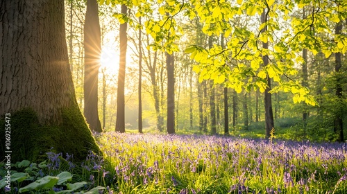 Tranquil forest adorned with a carpet of bluebells, where tall trees with fresh green leaves rise majestically photo