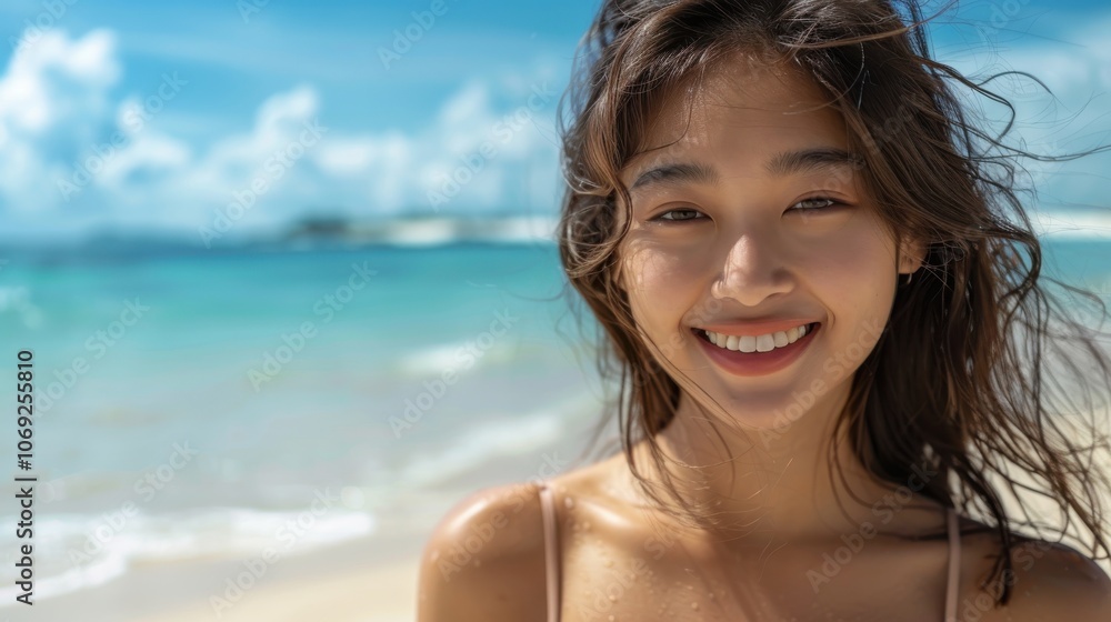 A captivating Asian woman in a sleek swimsuit, posing confidently on the sandy beach with the clear blue ocean and sky creating a picturesque backdrop A captivating Asian woman in a sleek swimsuit, posing confidently on the sandy beach with the clear blue ocean and sky creating a picturesque backdrop