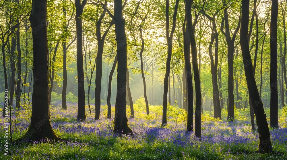 Tranquil forest adorned with a carpet of bluebells, where tall trees with fresh green leaves rise majestically Tranquil forest adorned with a carpet of bluebells, where tall trees with fresh green leaves rise majestically