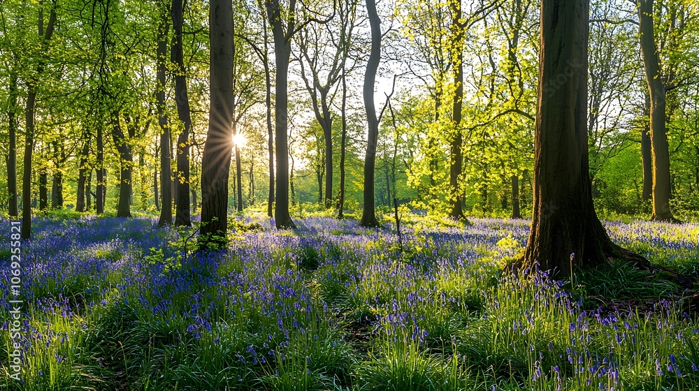 Obraz premium Tranquil forest adorned with a carpet of bluebells, where tall trees with fresh green leaves rise majestically