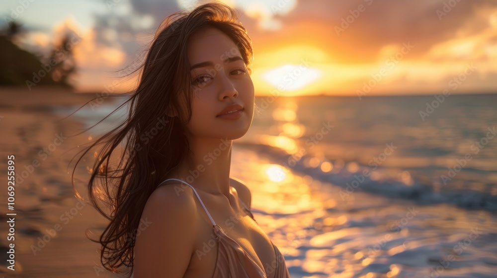 A captivating Asian woman in a sleek swimsuit, posing confidently on the sandy beach with the clear blue ocean and sky creating a picturesque backdrop A captivating Asian woman in a sleek swimsuit, posing confidently on the sandy beach with the clear blue ocean and sky creating a picturesque backdrop