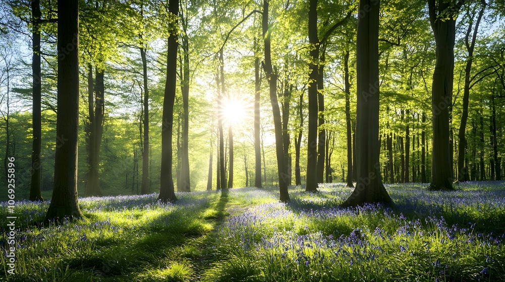 Tranquil forest adorned with a carpet of bluebells, where tall trees with fresh green leaves rise majestically Tranquil forest adorned with a carpet of bluebells, where tall trees with fresh green leaves rise majestically