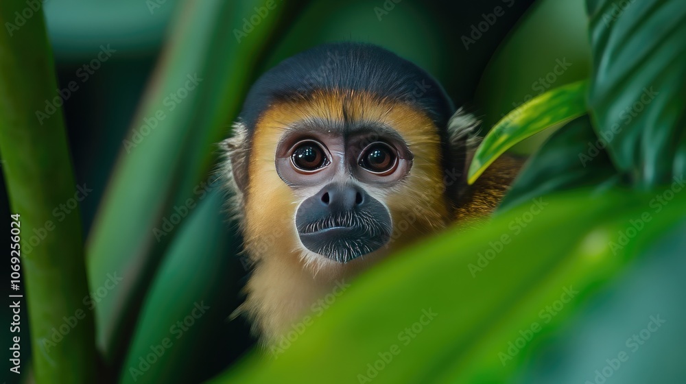 Fototapeta premium A close-up encounter with a gentle monkey amidst vibrant foliage in its natural habitat