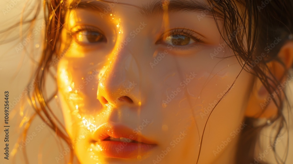 Beautiful close-up of a wet-faced Asian woman, warm light caressing her delicate features, creating a captivating and intimate portrait Beautiful close-up of a wet-faced Asian woman, warm light caressing her delicate features, creating a captivating and intimate portrait