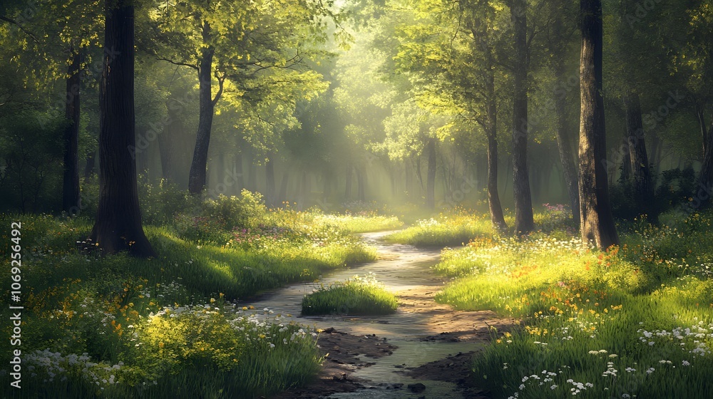 Obraz premium Tranquil forest glade featuring a babbling brook winding through wildflowers and tall trees providing a canopy of shade. This serene scene is a perfect retreat into nature's calm.