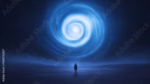 Lone figure standing in front of a swirling blue vortex in a dark, atmospheric landscape