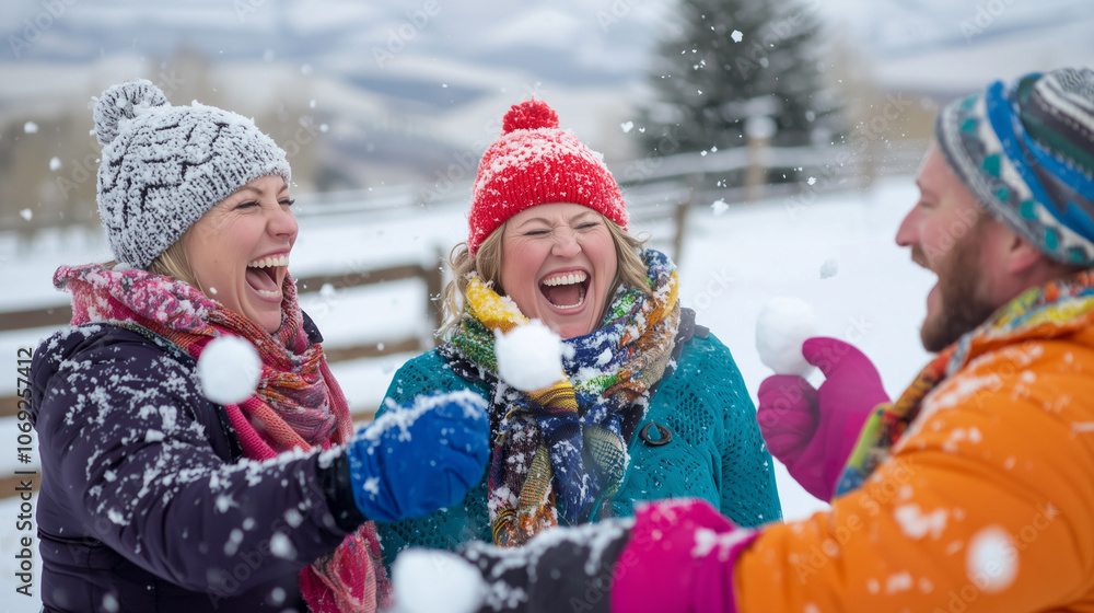 Winter Fun Snowball Fight in Snowy Countryside Setting Winter Fun Snowball Fight in Snowy Countryside Setting