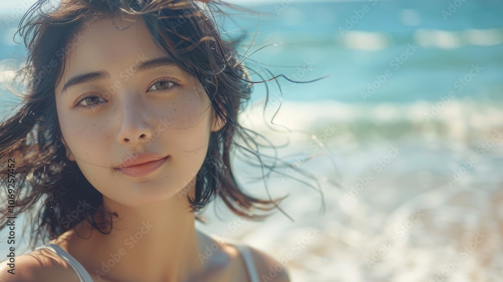 Top body shot of a captivating Asian woman on a sandy beach, with the clear blue sky and ocean waves in the background, exuding a relaxed and joyful vibe Top body shot of a captivating Asian woman on a sandy beach, with the clear blue sky and ocean waves in the background, exuding a relaxed and joyful vibe