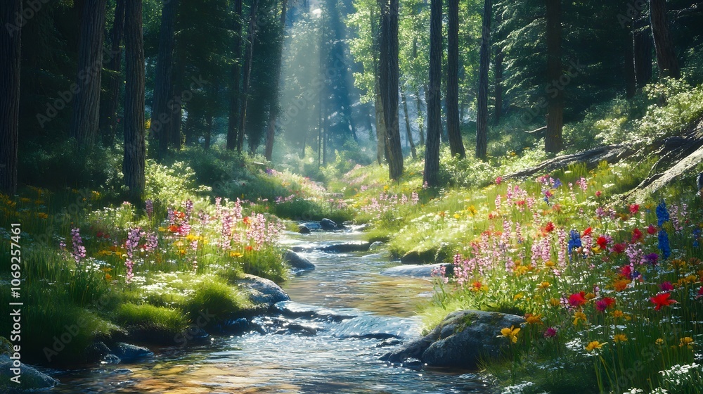 Obraz premium Tranquil forest glade featuring a babbling brook winding through wildflowers and tall trees providing a canopy of shade. This serene scene is a perfect retreat into nature's calm.