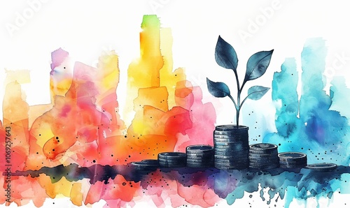 A fresh green plant sprouts from a mound of coins, with its leaves shaped like dollar signs, symbolizing how investments flourish over time in a colorful, artistic setting photo