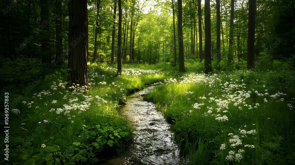 Fototapeta premium Tranquil forest glade featuring a babbling brook winding through wildflowers and tall trees providing a canopy of shade. This serene scene is a perfect retreat into nature's calm.