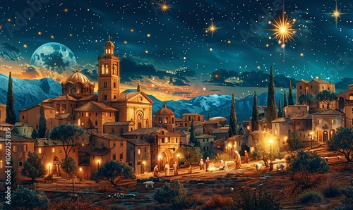 Under a radiant starry sky, Bethlehem comes alive with the glow of a comet shining upon the nativity scene, bringing hope and joy to the miracle of Christmas