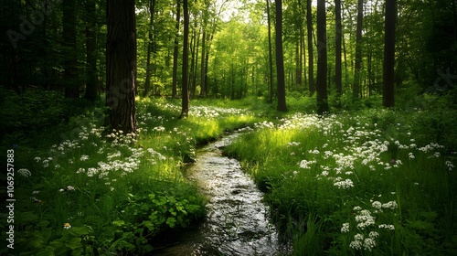 Tranquil forest glade featuring a babbling brook winding through wildflowers and tall trees providing a canopy of shade. This serene scene is a perfect retreat into nature's calm.