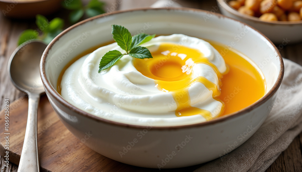 Delicious bowl of creamy yogurt topped with vibrant mango puree and fresh mint on a rustic wooden table Delicious bowl of creamy yogurt topped with vibrant mango puree and fresh mint on a rustic wooden table