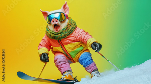 animals on skis, slalom, emotions, fashion show