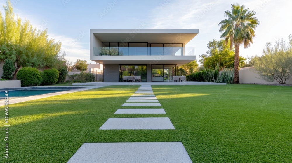 Sleek modern home with lush landscaping and swimming pool Sleek modern home with lush landscaping and swimming pool