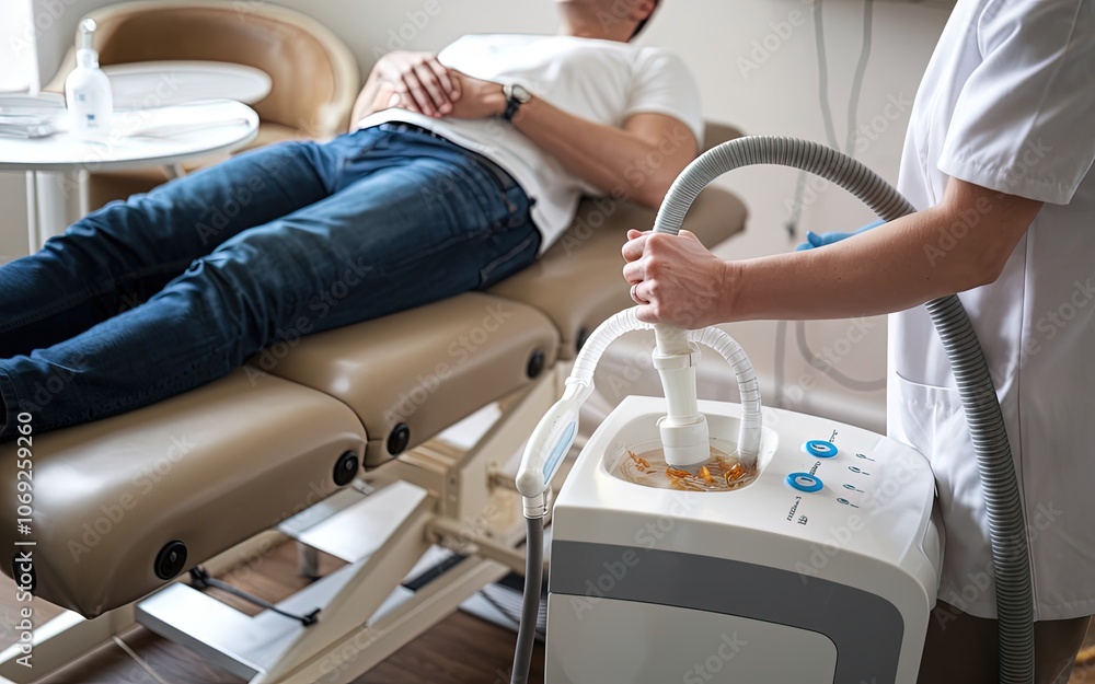 A man receives a relaxing treatment while lying on a massage table in a wellness clinic during an afternoon session. Generative AI A man receives a relaxing treatment while lying on a massage table in a wellness clinic during an afternoon session. Generative AI