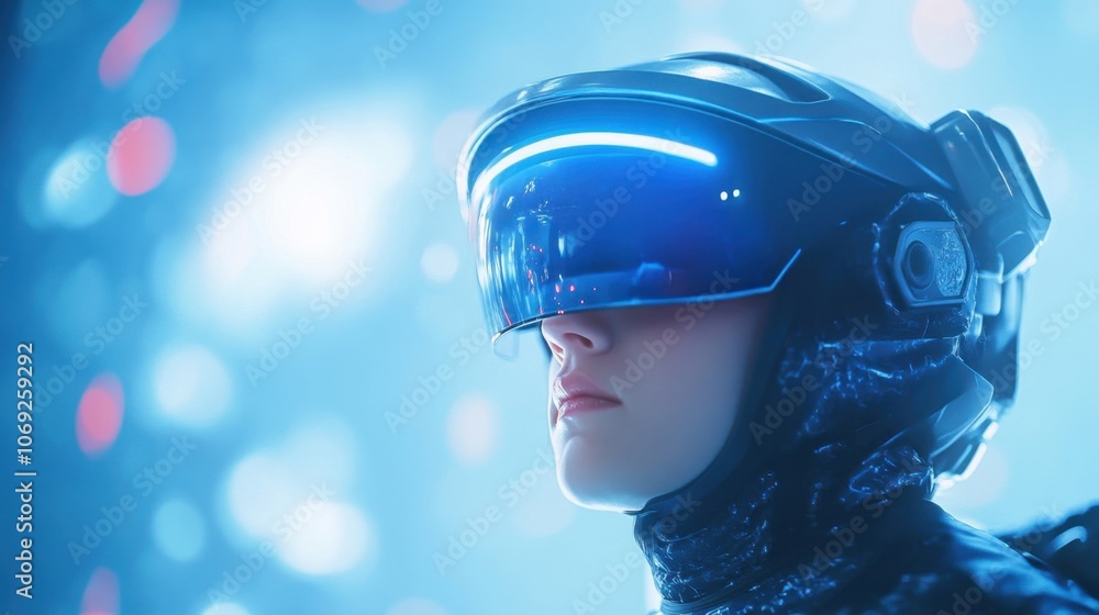 Futuristic cyborg wearing virtual reality headset against abstract blue background Futuristic cyborg wearing virtual reality headset against abstract blue background
