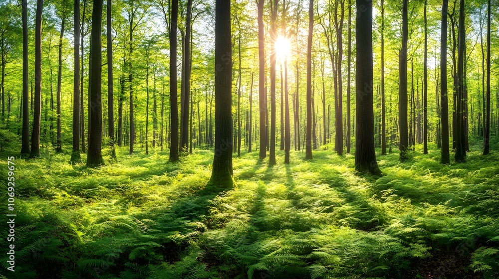 Obraz premium Tranquil forest scene featuring tall trees with sunlight streaming through the canopy, illuminating a lush carpet of ferns on the forest floor