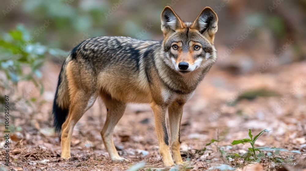 A mesmerizing close-up view of a wolf standing gracefully in its natural habitat, accentuating its pure and gentle nature in the wild A mesmerizing close-up view of a wolf standing gracefully in its natural habitat, accentuating its pure and gentle nature in the wild