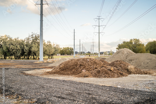 Large mulch and dirt piles at rural construction site under power lines
