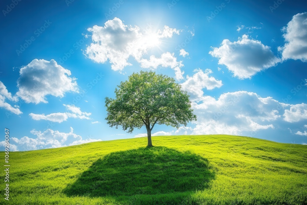 Obraz premium single tree in the center. a calm and serene landscape with rolling green hills, a clear blue sky.