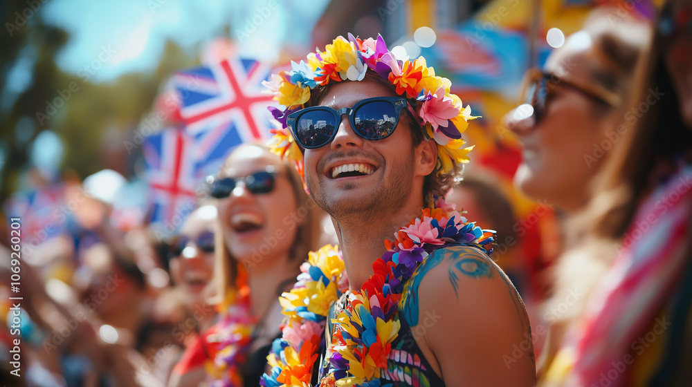 Crowd celebrating at Australia Day parade with floral garlands Crowd celebrating at Australia Day parade with floral garlands