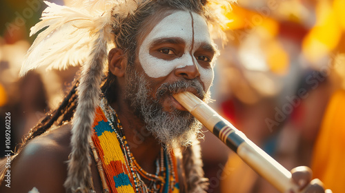 Aboriginal man playing didgeridoo at Australia Day parade photo