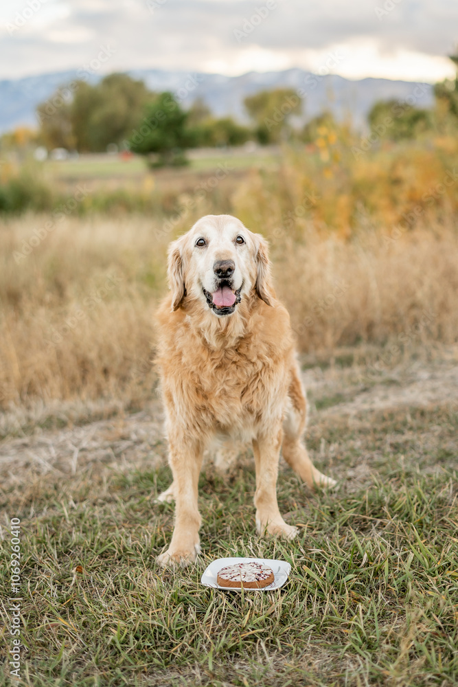 Senior golden retriever dog with birthday cake outdoors on grass Senior golden retriever dog with birthday cake outdoors on grass