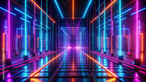 Abstract futuristic corridor with colorful neon lines, geometric tunnel