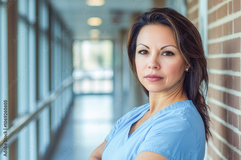 Young nurse in scrubs standing in hospital hallway, representing dedication, professionalism, and compassion in healthcare. Young nurse in scrubs standing in hospital hallway, representing dedication, professionalism, and compassion in healthcare.