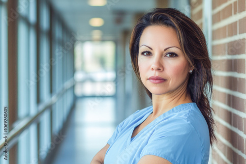 Young nurse in scrubs standing in hospital hallway, representing dedication, professionalism, and compassion in healthcare. Free Download Young nurse in scrubs standing in hospital hallway, representing dedication, professionalism, and compassion in healthcare. - GFXLoad