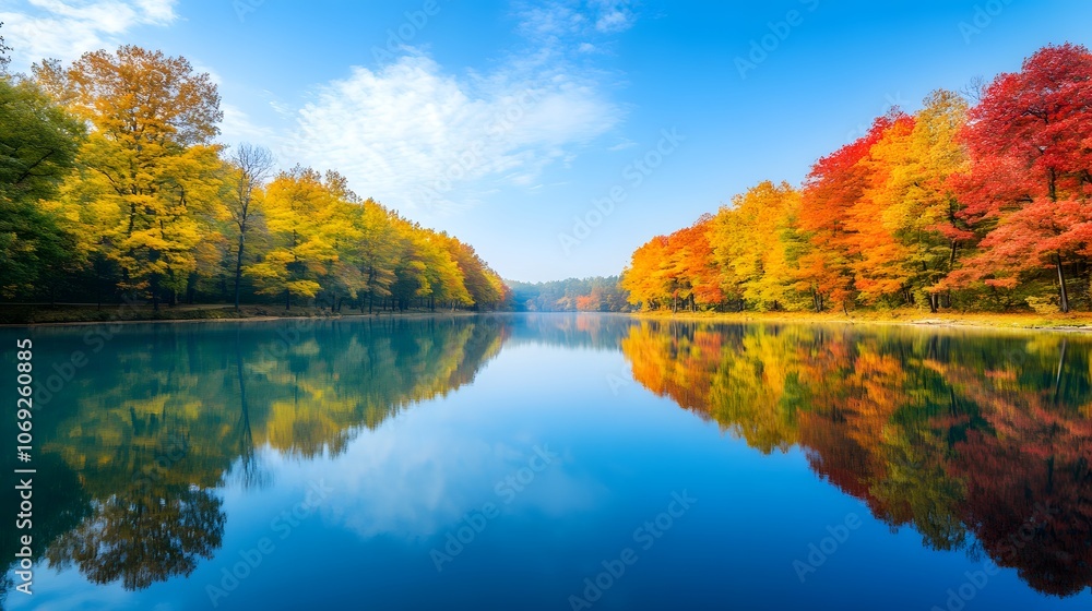 Tranquil lake bordered by vibrant autumn trees, their rich hues perfectly mirrored in the calm water. The scene captures the serene beauty of fall with a stunning reflection. Tranquil lake bordered by vibrant autumn trees, their rich hues perfectly mirrored in the calm water. The scene captures the serene beauty of fall with a stunning reflection.