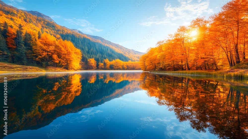 Fototapeta premium Tranquil lake bordered by vibrant autumn trees, their rich hues perfectly mirrored in the calm water. The scene captures the serene beauty of fall with a stunning reflection.
